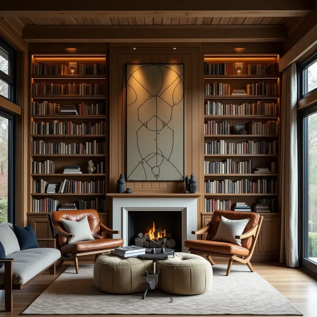 a photo of a library featuring a rustic wood and metal gallery wall