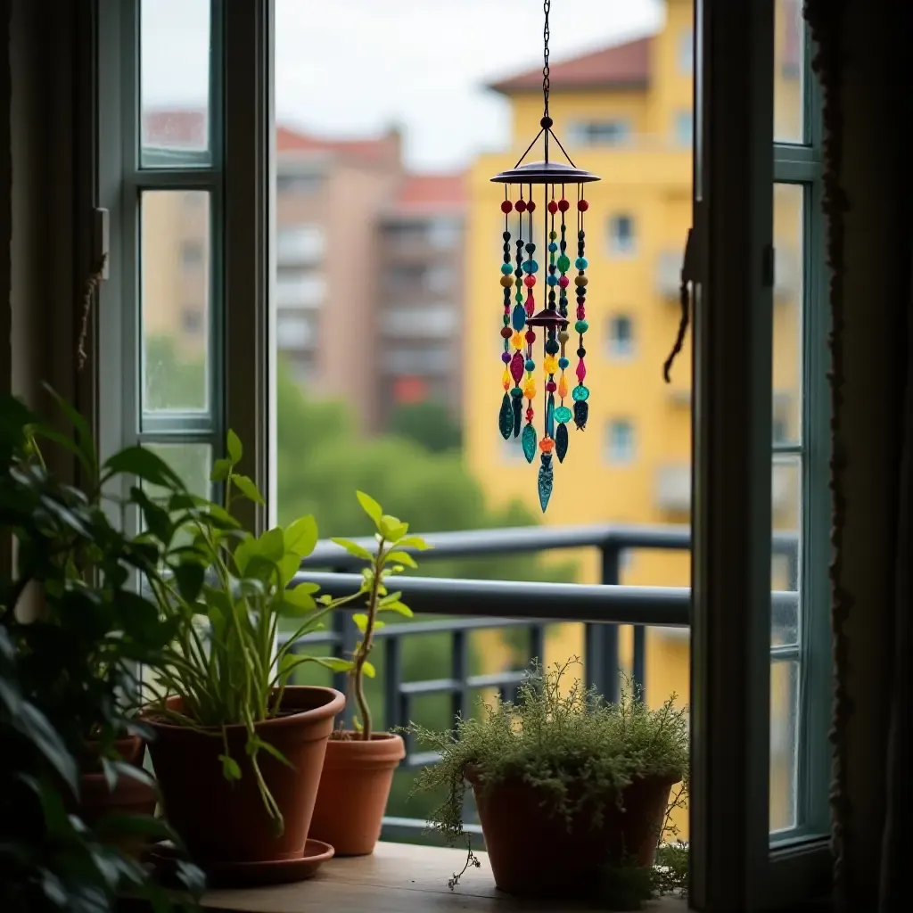 a photo of a balcony with a colorful wind chime among the plants