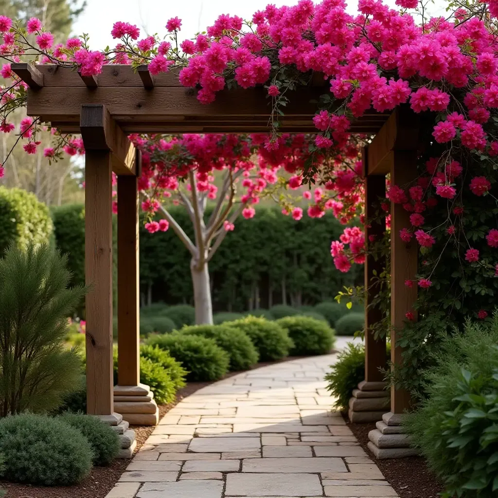 a photo of a rustic wooden pergola draped with bougainvillea