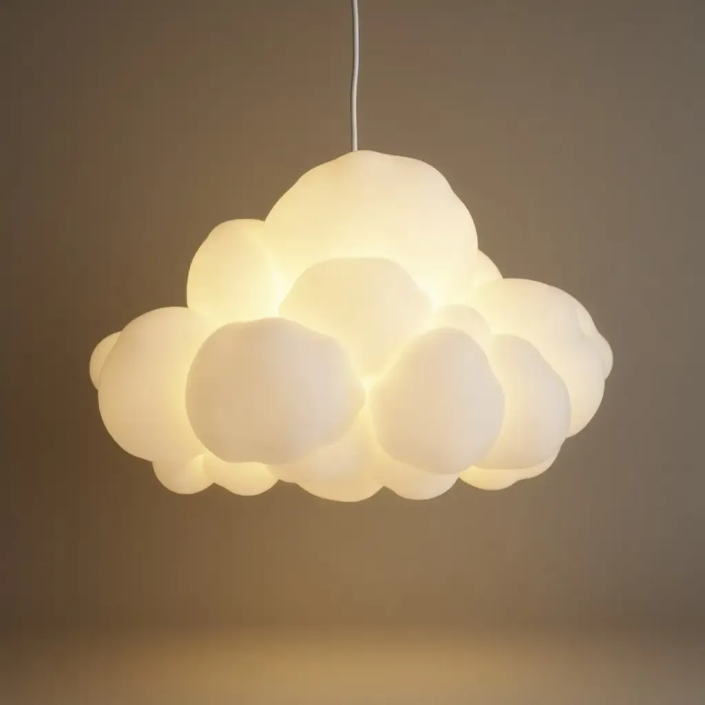 a photo of a pendant light in the shape of a cloud in a dreamy kids&#x27; room