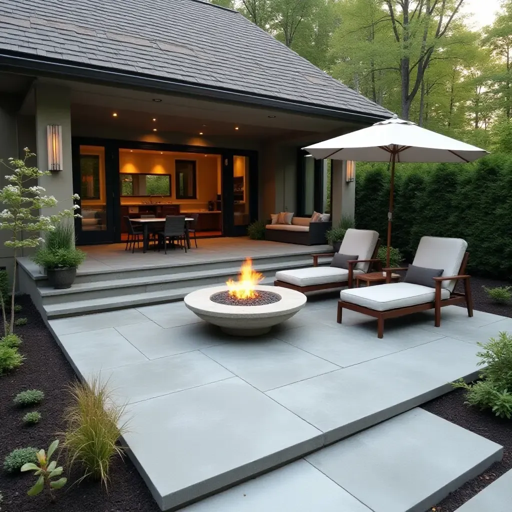 a photo of a modern concrete patio featuring a fire pit and lounge chairs