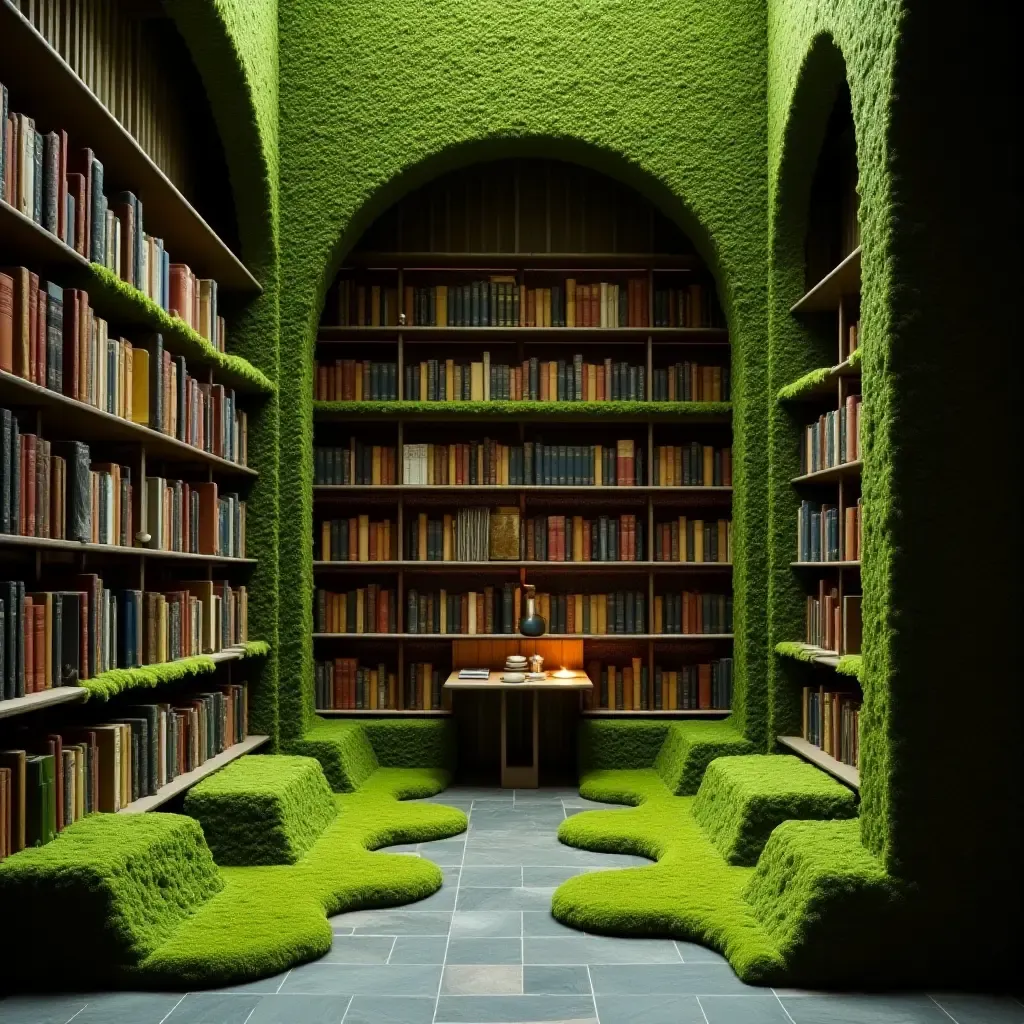 a photo of a library with a green wall of moss