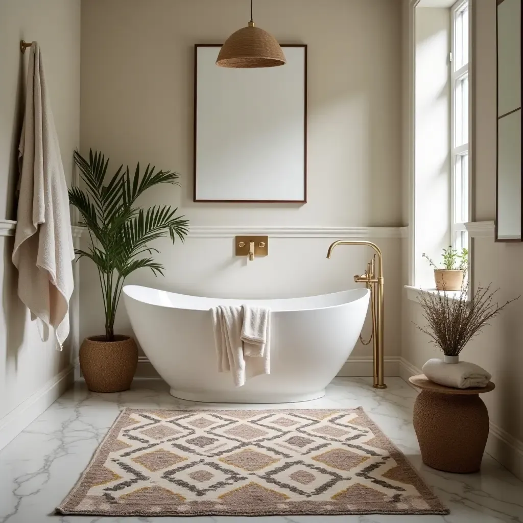 a photo of a Moroccan-inspired rug in a cozy bathroom