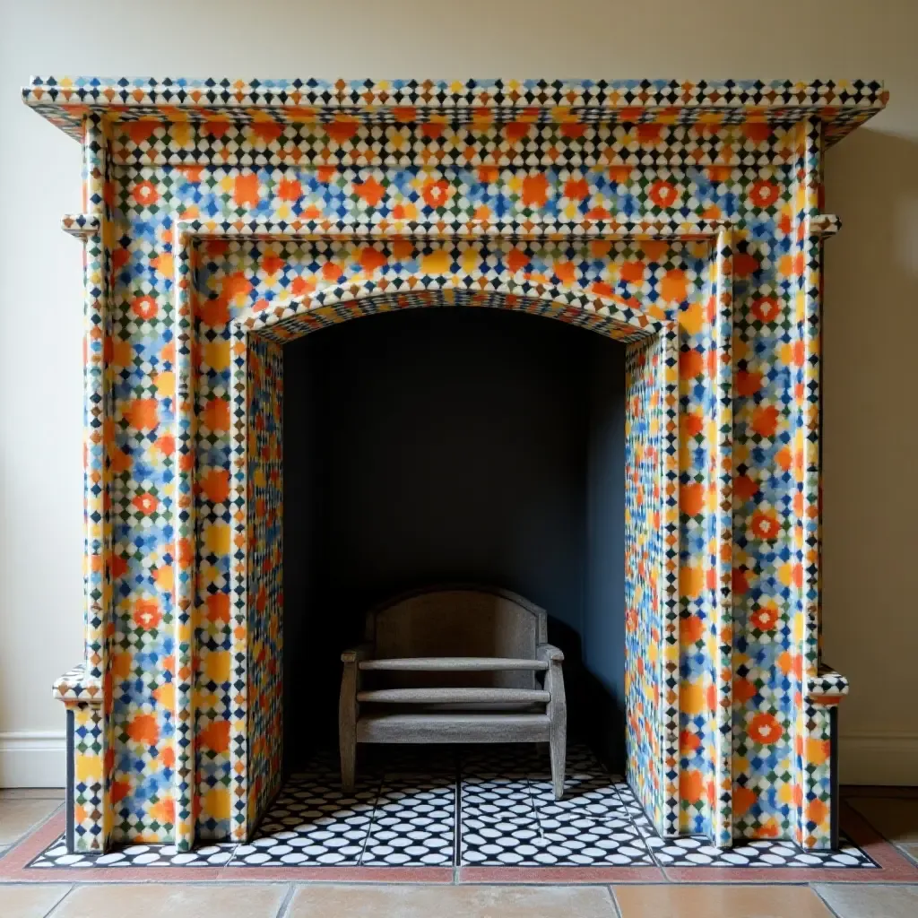 a photo of a colorful tile fireplace surround with geometric patterns