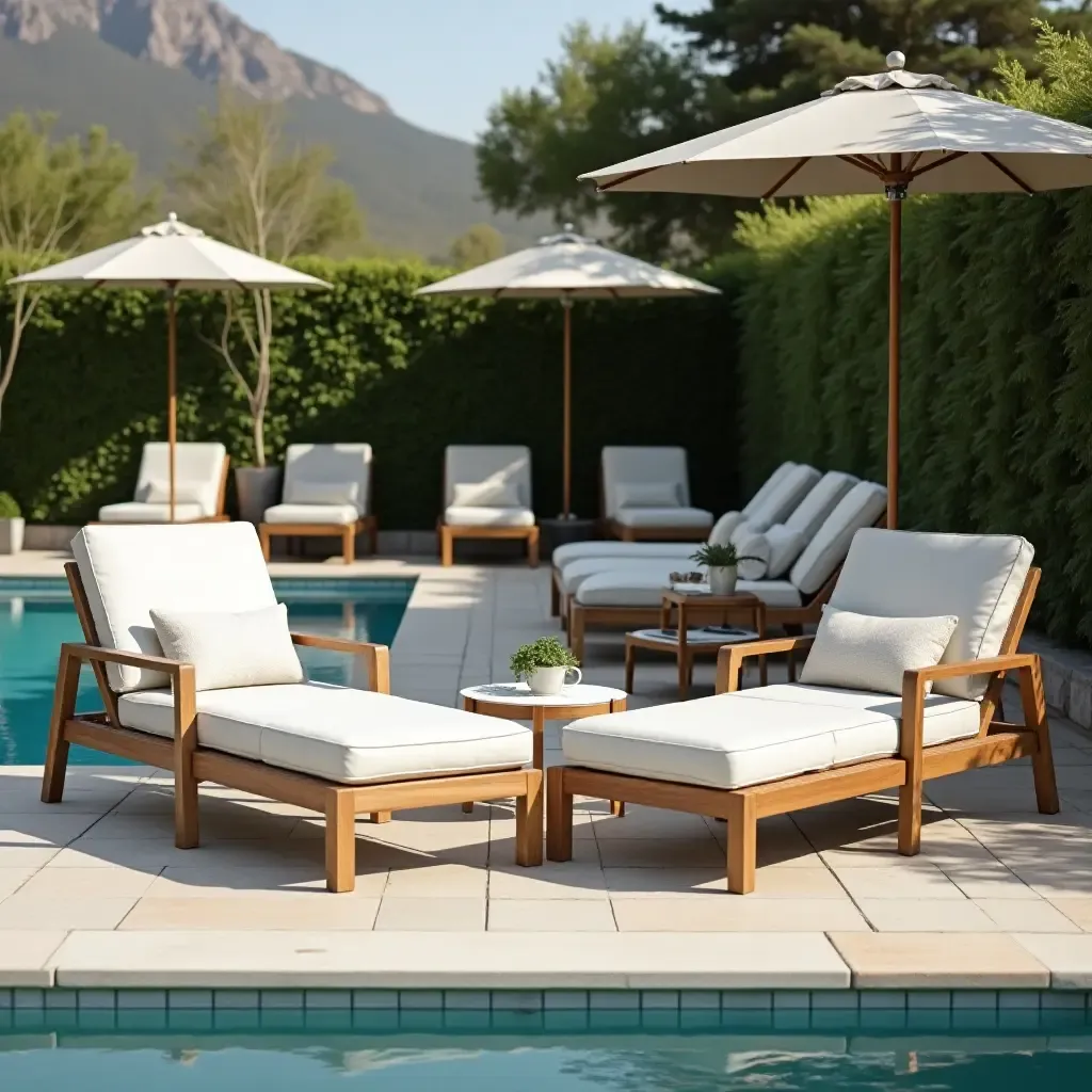 a photo of a welcoming poolside lounge with comfortable chairs and cushions