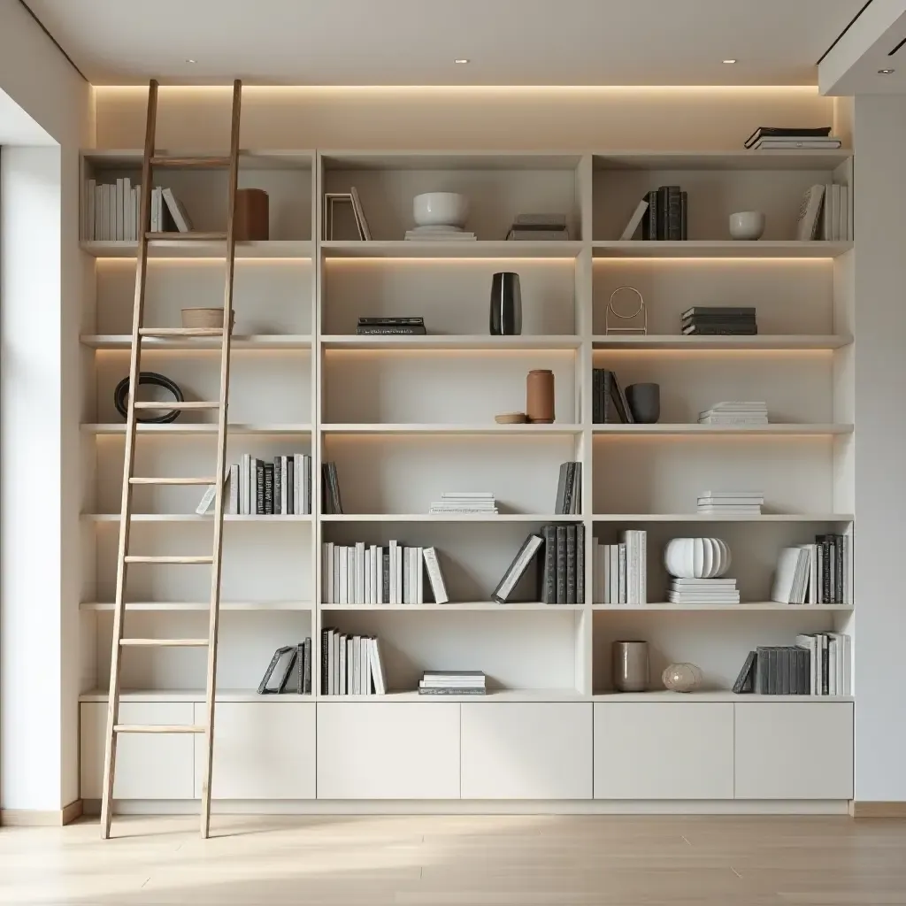 a photo of a minimalist library featuring floating shelves and a ladder