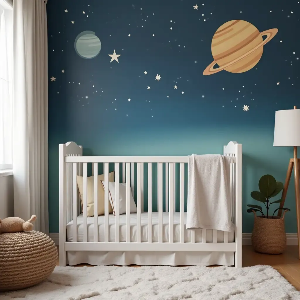 a photo of a nursery with a space theme, including stars and planets