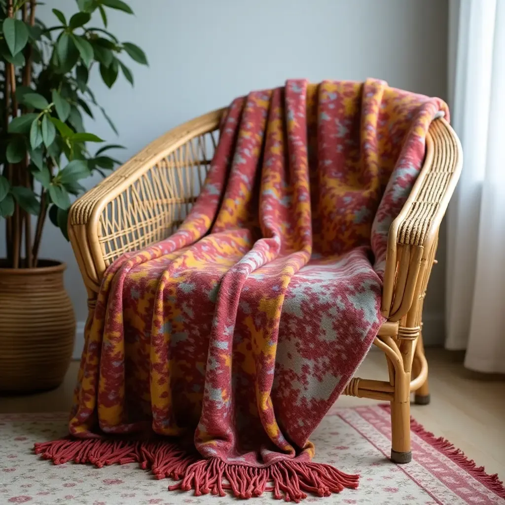 a photo of a vintage rattan chair draped with colorful throw blankets