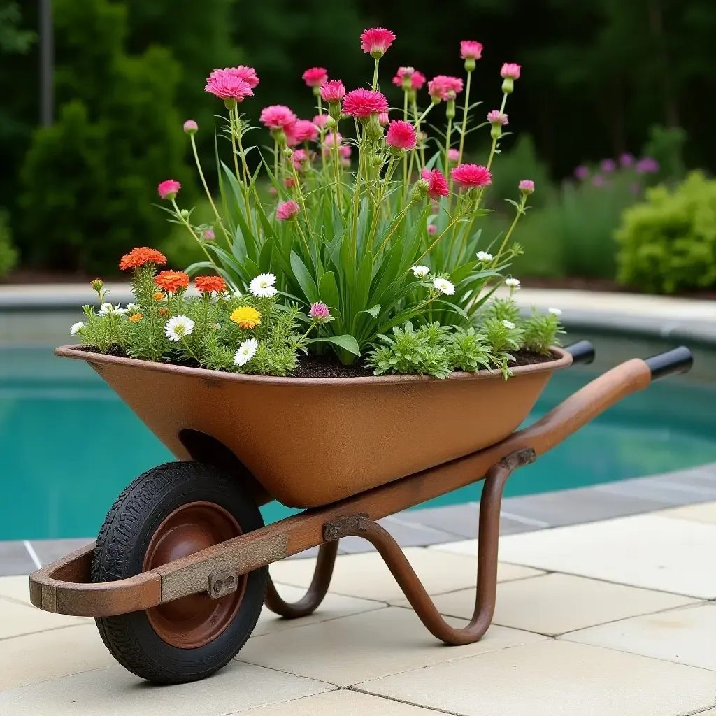 a photo of a vintage wheelbarrow used as a poolside planter