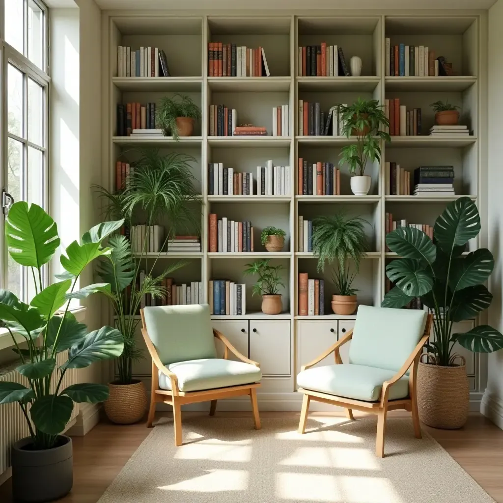 a photo of a cheerful green and cream library with indoor plants