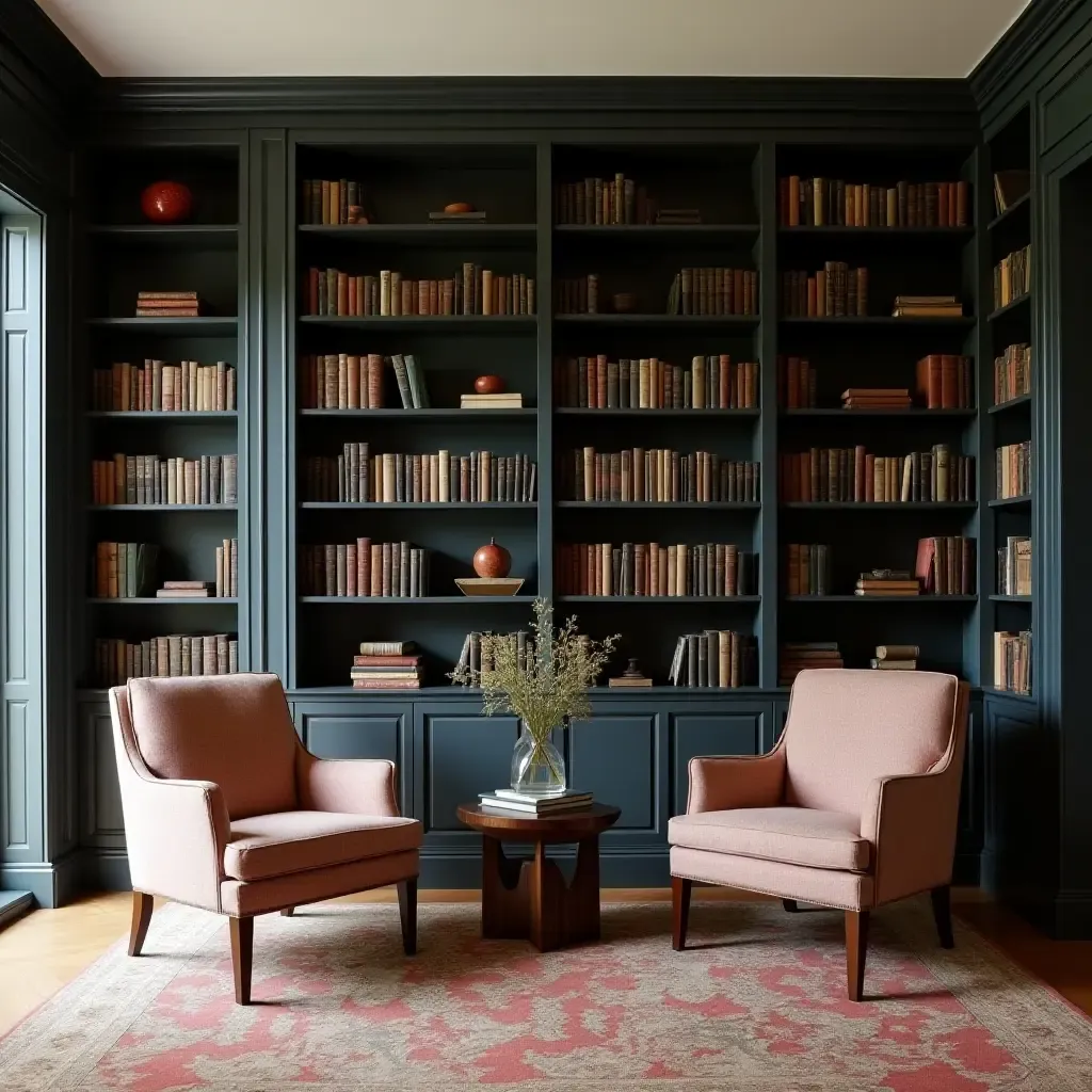 a photo of a sophisticated library blending vintage accent chairs with modern bookshelves