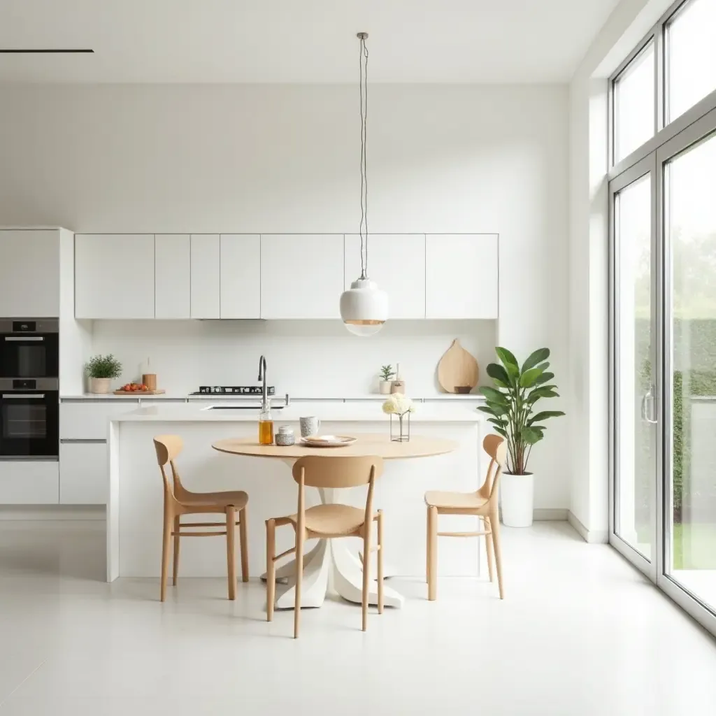 a photo of a bright kitchen with an open layout and minimalist furnishings