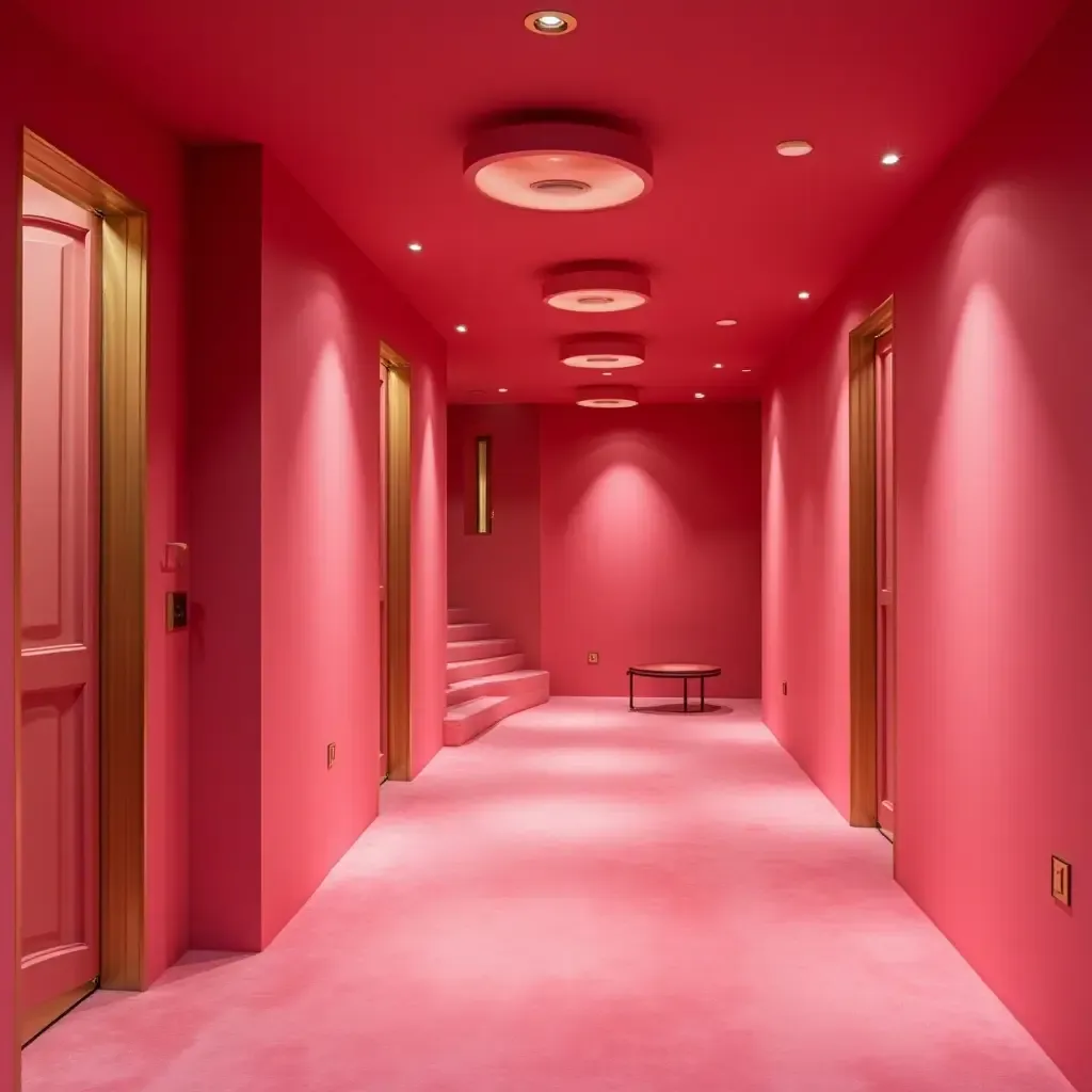 a photo of a basement adorned with bright pink and elegant gold accents