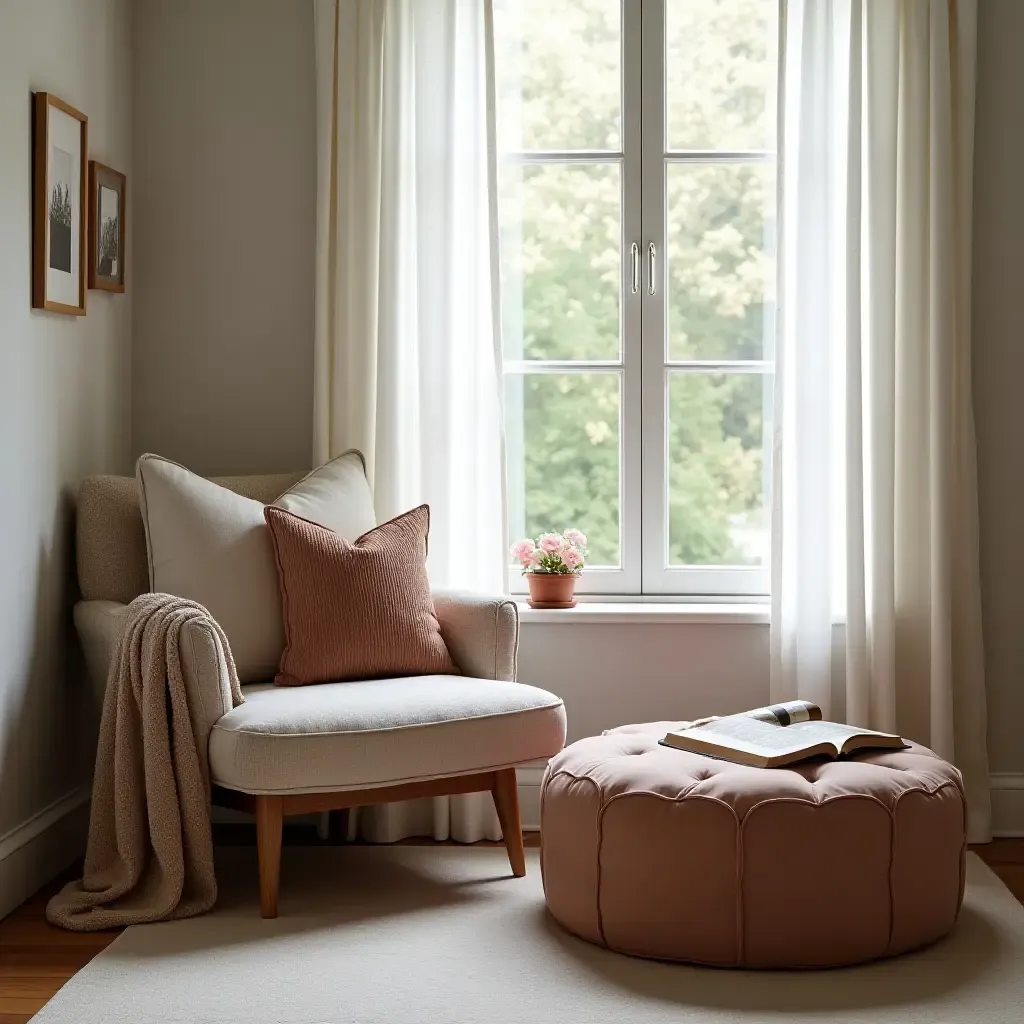 a photo of a reading nook with a stylish ottoman and a cozy blanket