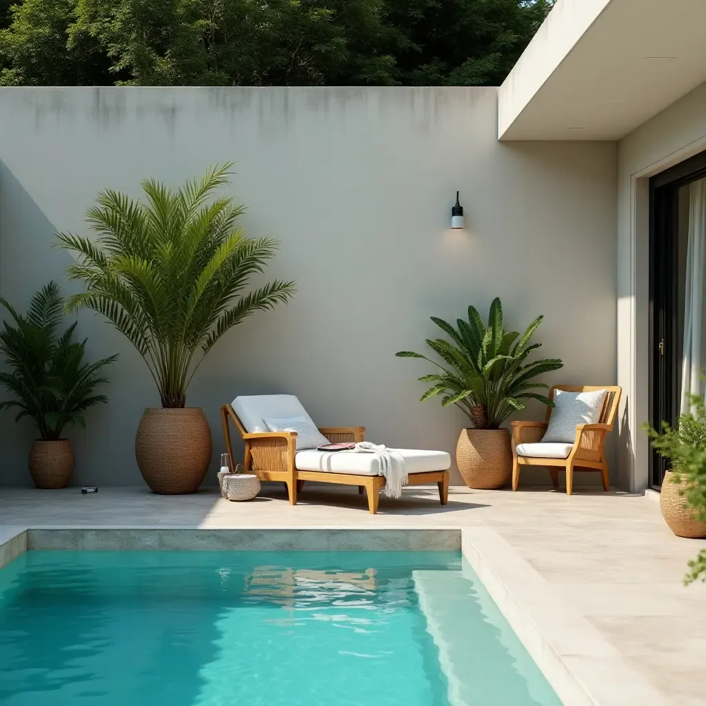 a photo of a relaxing reading corner by the pool with Scandinavian decor and plants