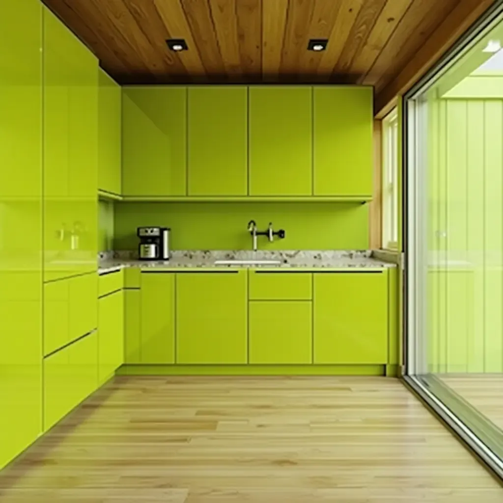 a photo of bright lime green and rich mahogany cabinetry