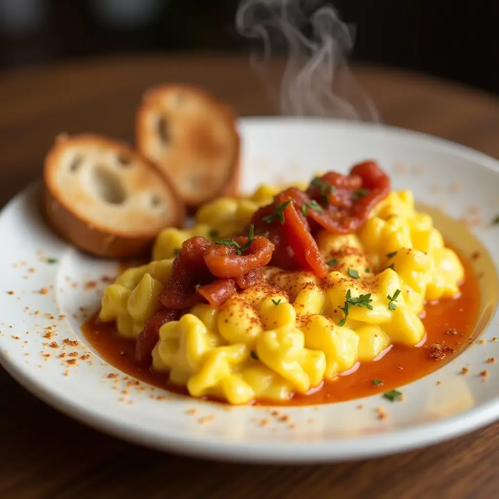 a photo of a steaming plate of Portuguese-style scrambled eggs with chouriço and crusty bread.