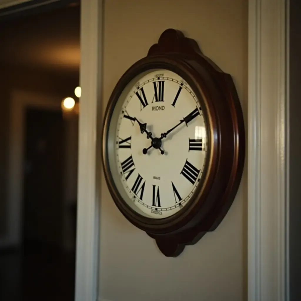 a photo of an old-fashioned clock ticking on a corridor wall