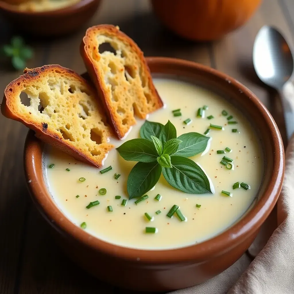 a photo of a creamy Açorda soup with bread and fresh herbs