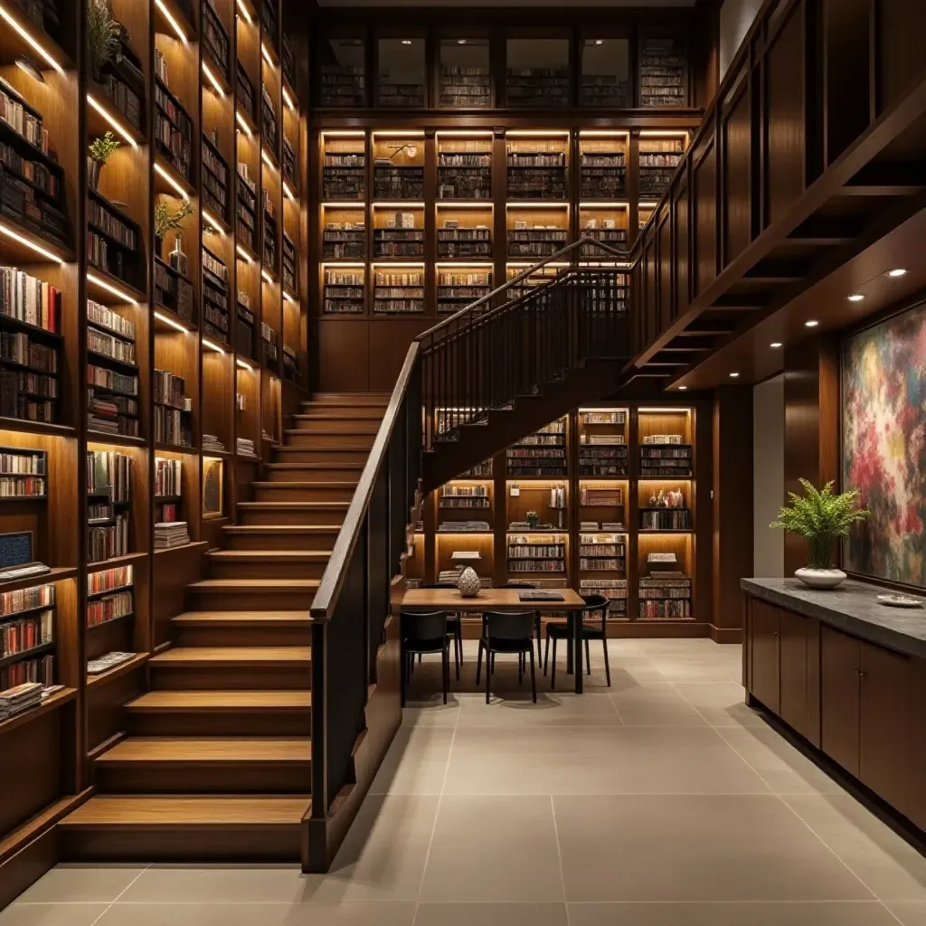 a photo of a library with a staircase leading to overhead storage