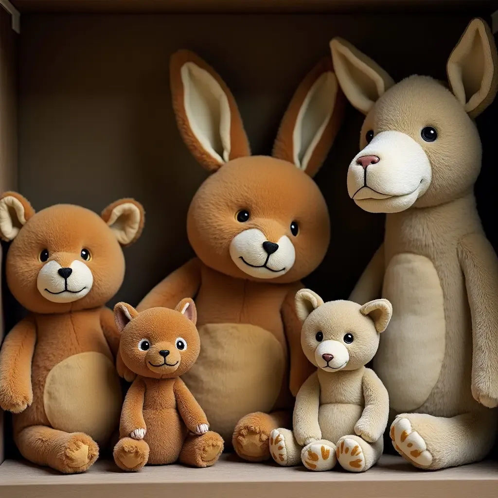 a photo of vintage stuffed animals arranged on a shelf