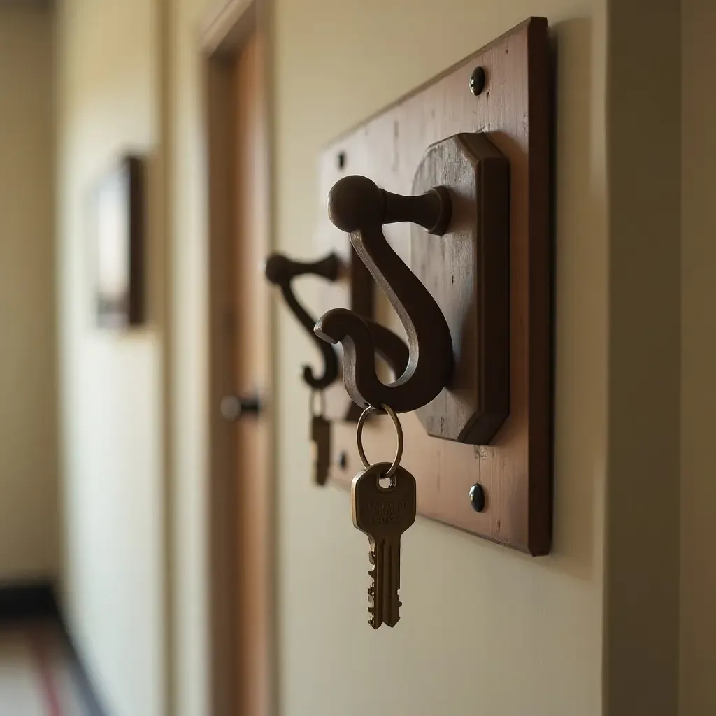 a photo of a vintage key holder mounted on a corridor wall