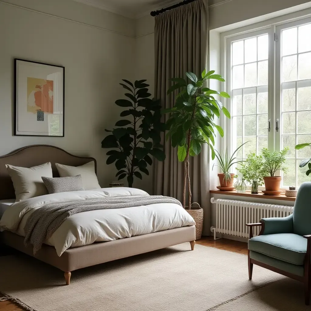 a photo of a bedroom corner filled with tall indoor trees