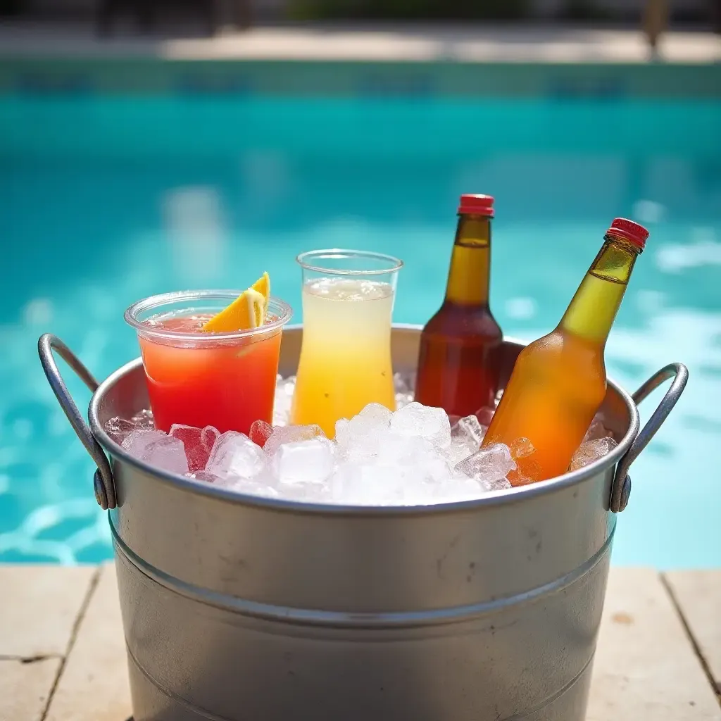 a photo of a galvanized tub filled with ice and drinks by the pool