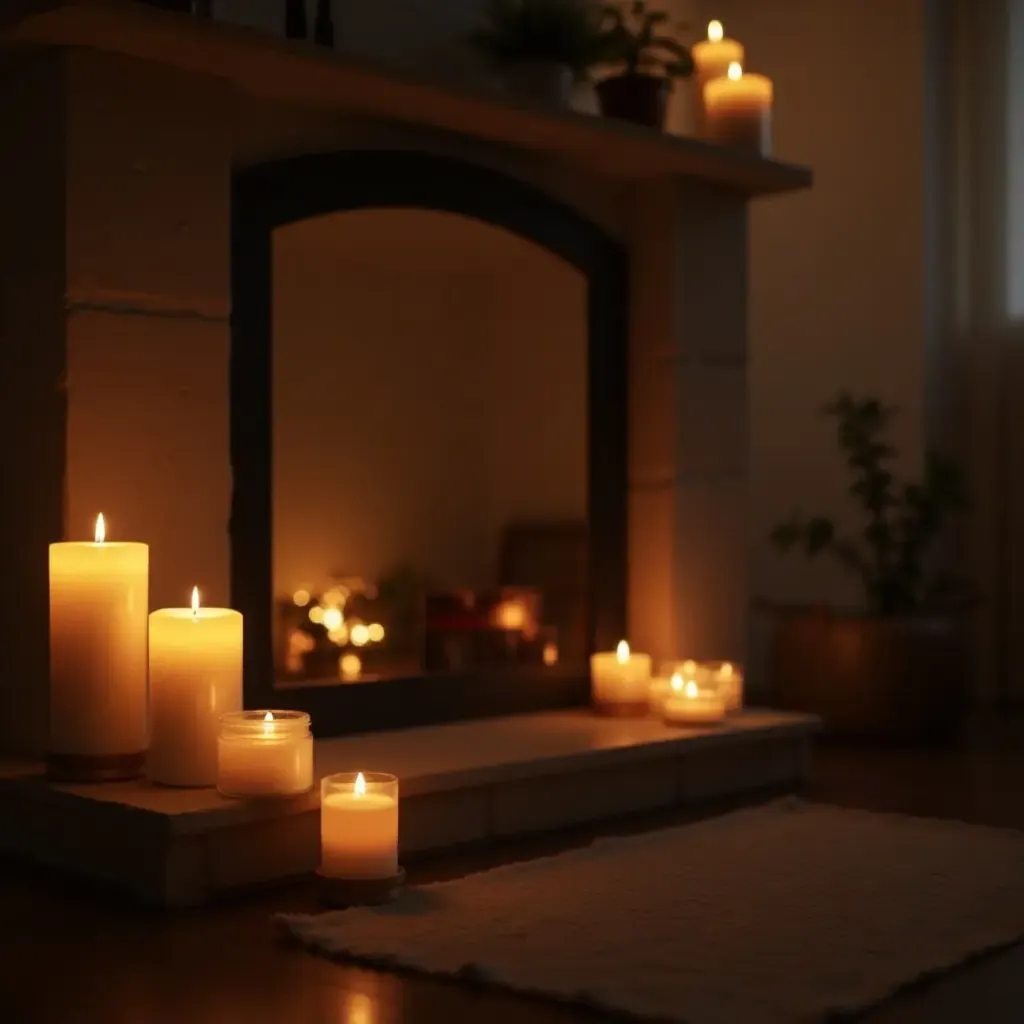 a photo of a small living room adorned with candles for ambiance