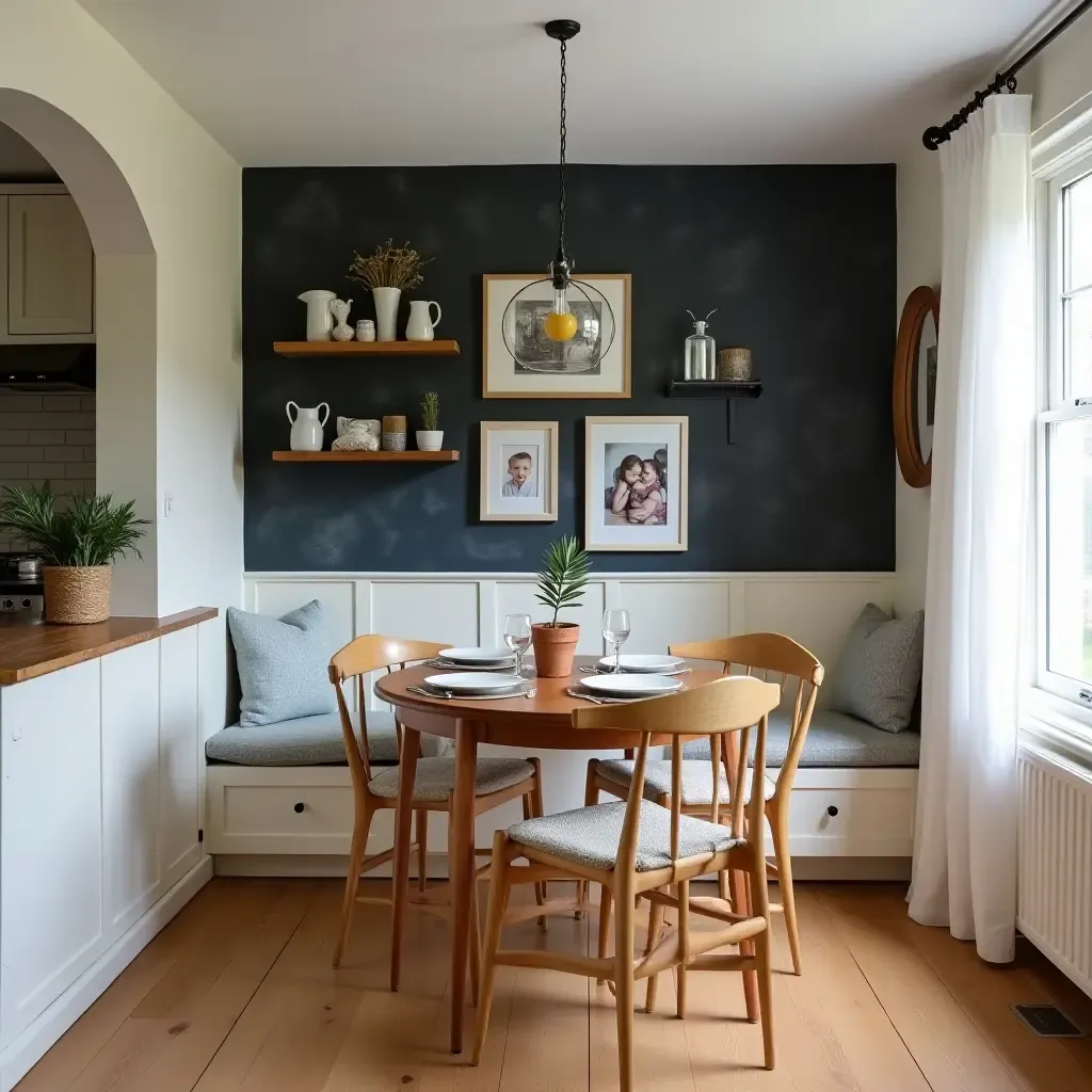 a photo of a breakfast nook with a chalkboard wall and family photos