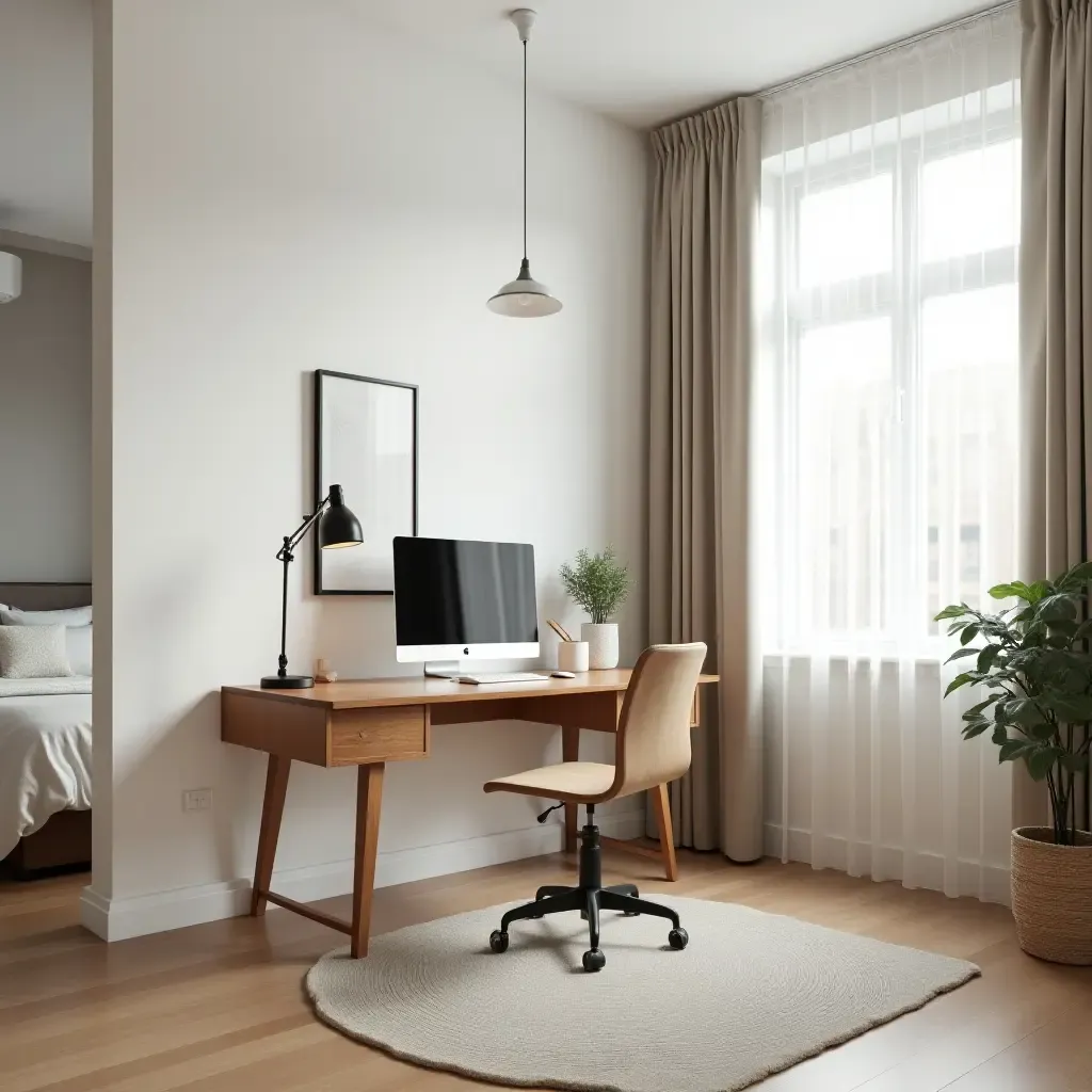 a photo of a bright bedroom featuring a multi-functional desk