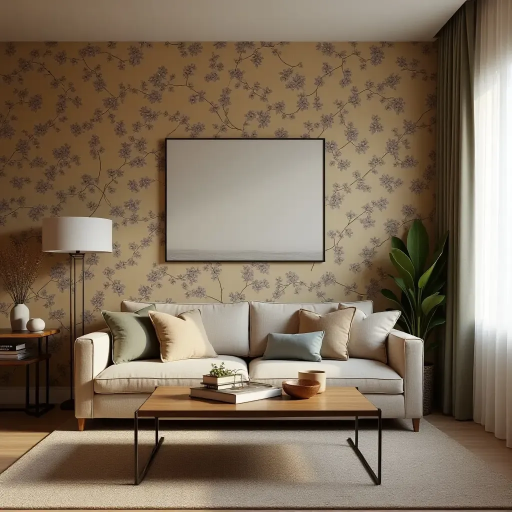 a photo of a vintage-inspired living room with a floral wallpaper accent wall