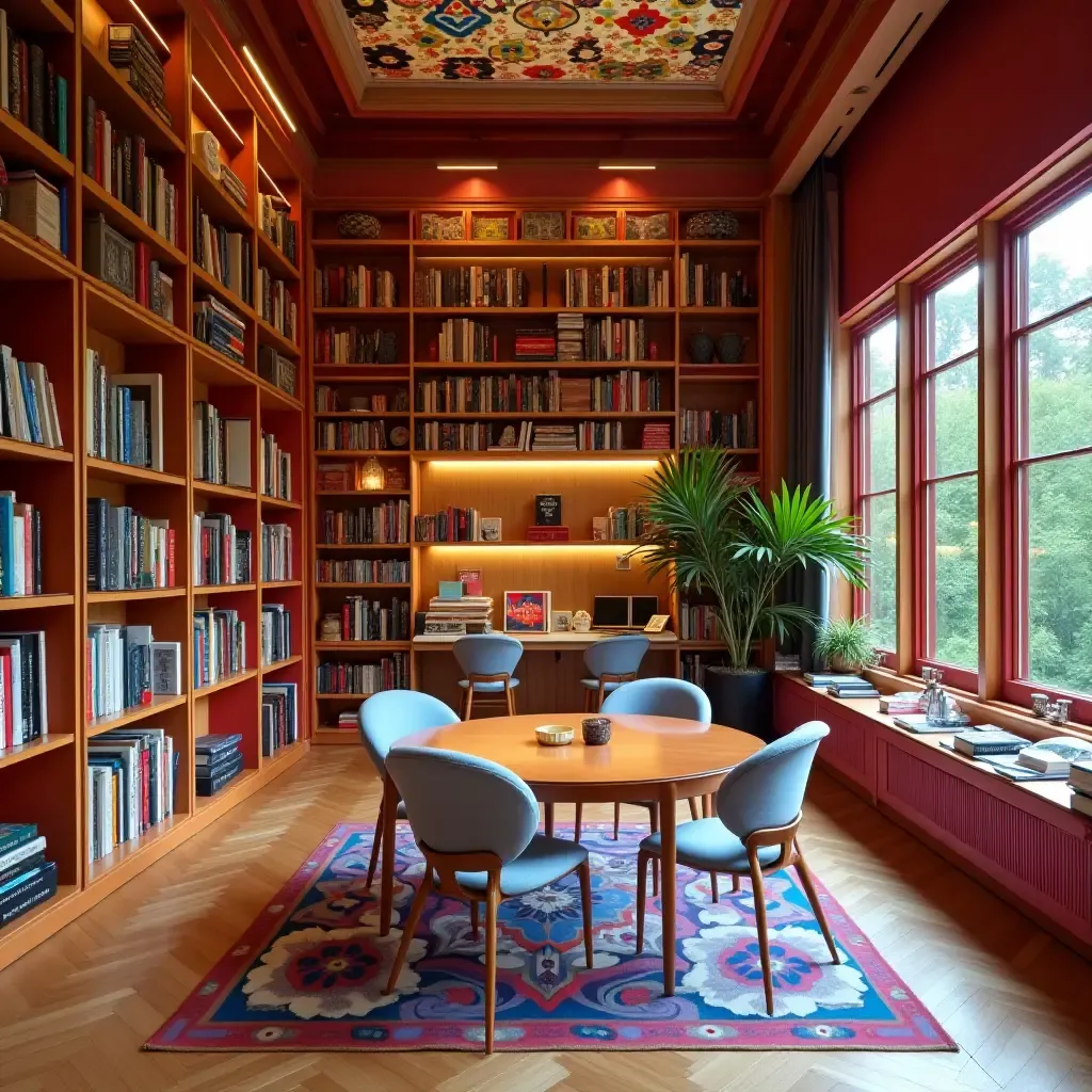 a photo of a vibrant library with colorful mirrored decor