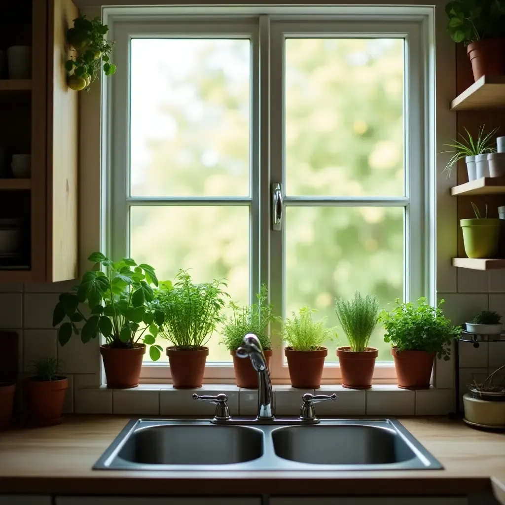 a photo of a small kitchen with potted herbs on the windowsill