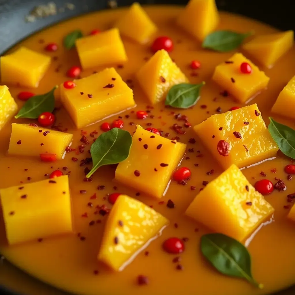 a photo of curry with roasted pineapple chunks, sprinkled with chili flakes.