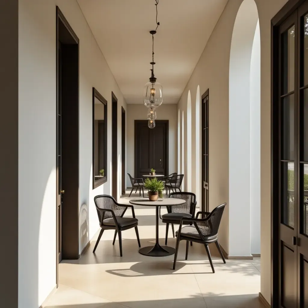 a photo of a stylish corridor with a small bistro table and chairs