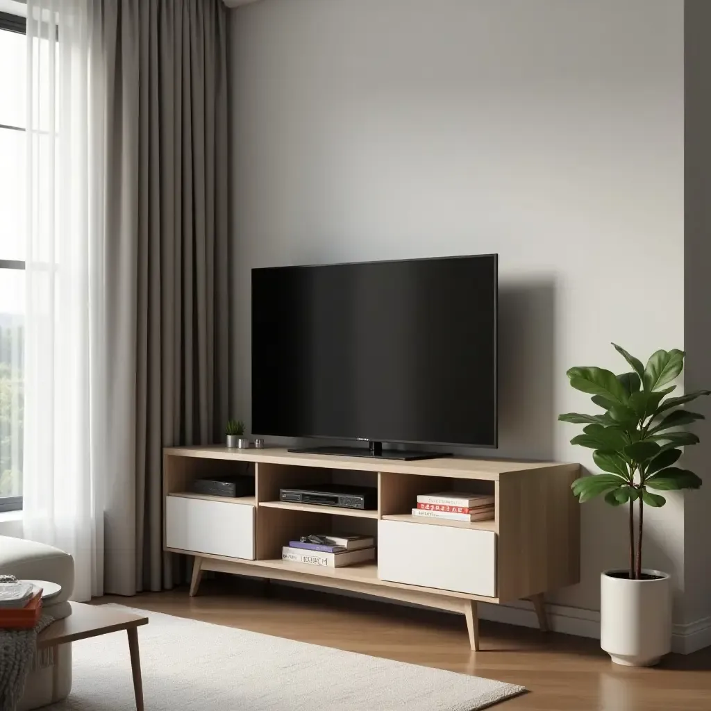 a photo of a small space with a corner TV stand