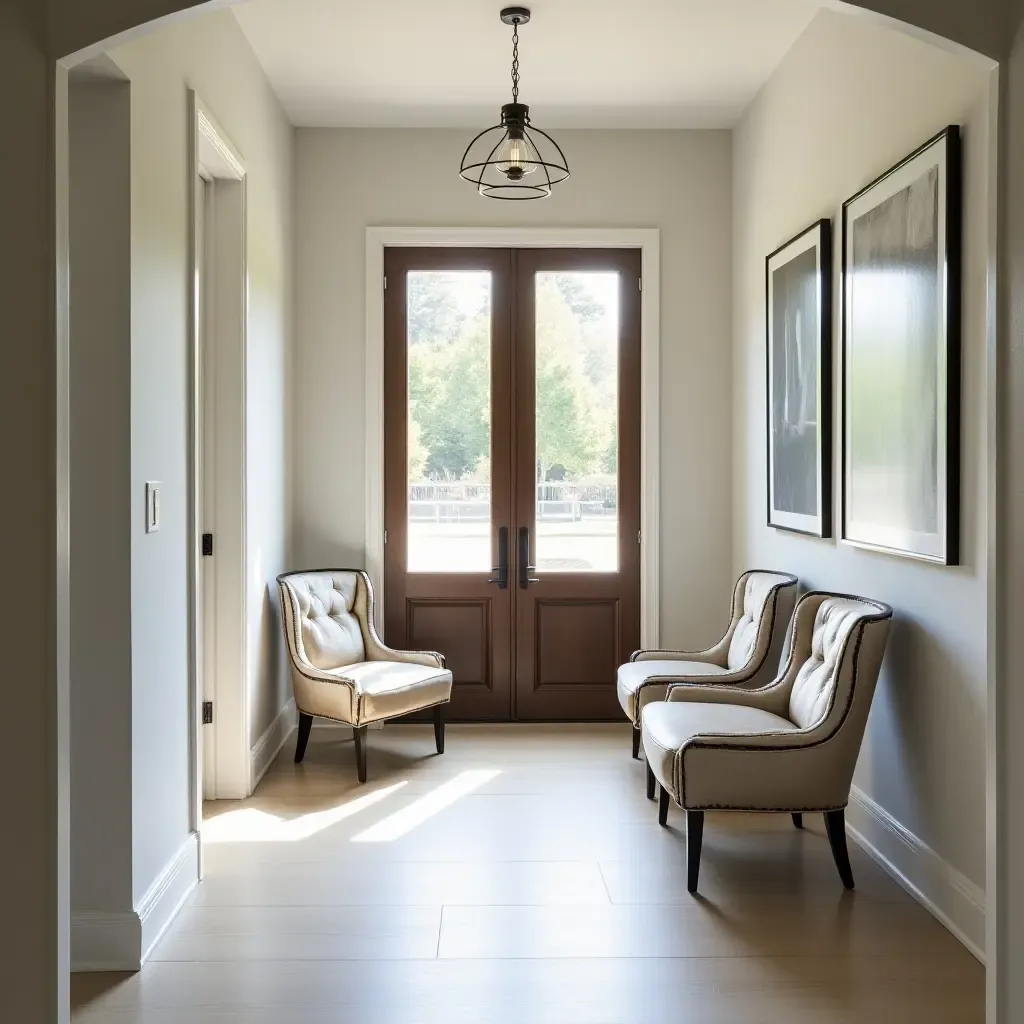 a photo of an entrance hall with metallic accent chairs