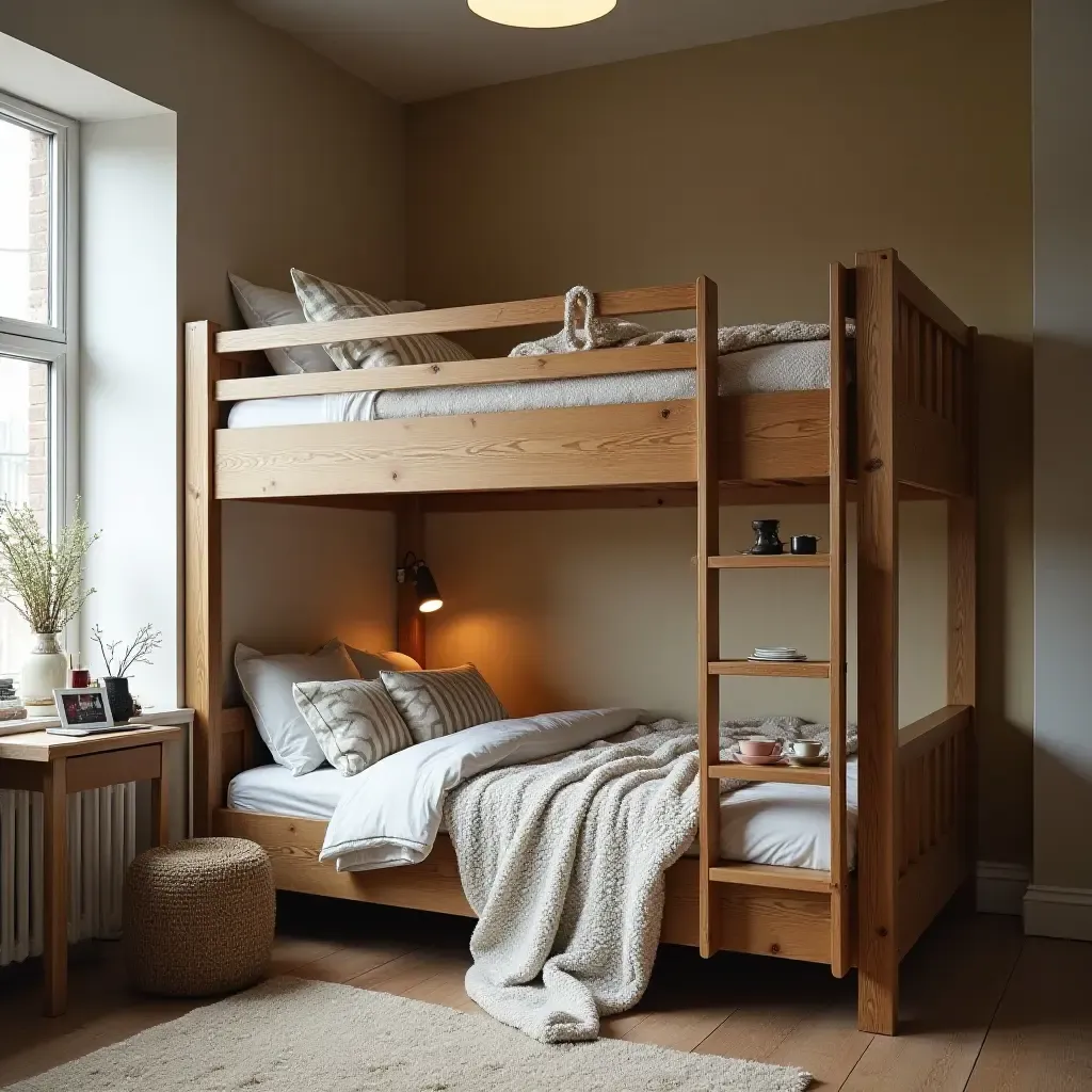 a photo of a loft bed with a vintage style and retro accessories