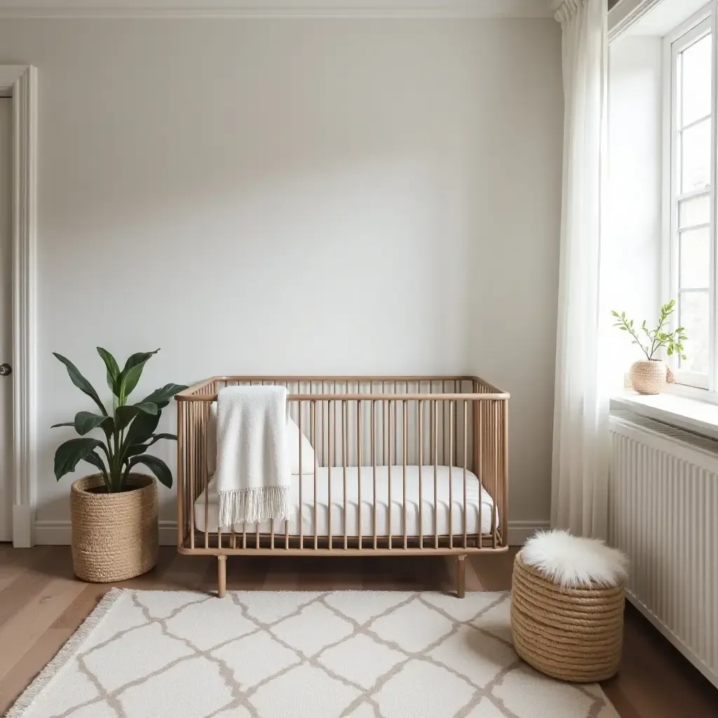 a photo of a vintage-inspired nursery using metal accents and soft textiles