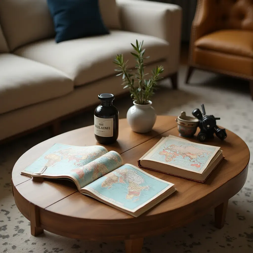 a photo of a coffee table featuring a curated collection of travel souvenirs