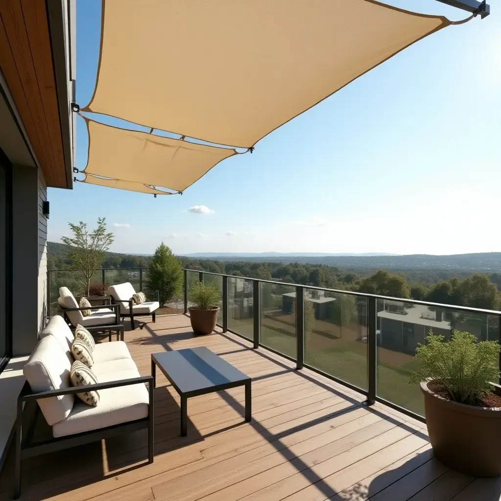 a photo of a balcony featuring fabric canopies, wooden flooring, and aluminum furniture