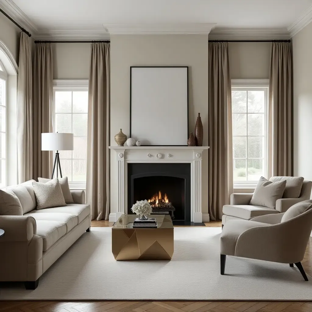 a photo of a traditional living room with classic metallic accents