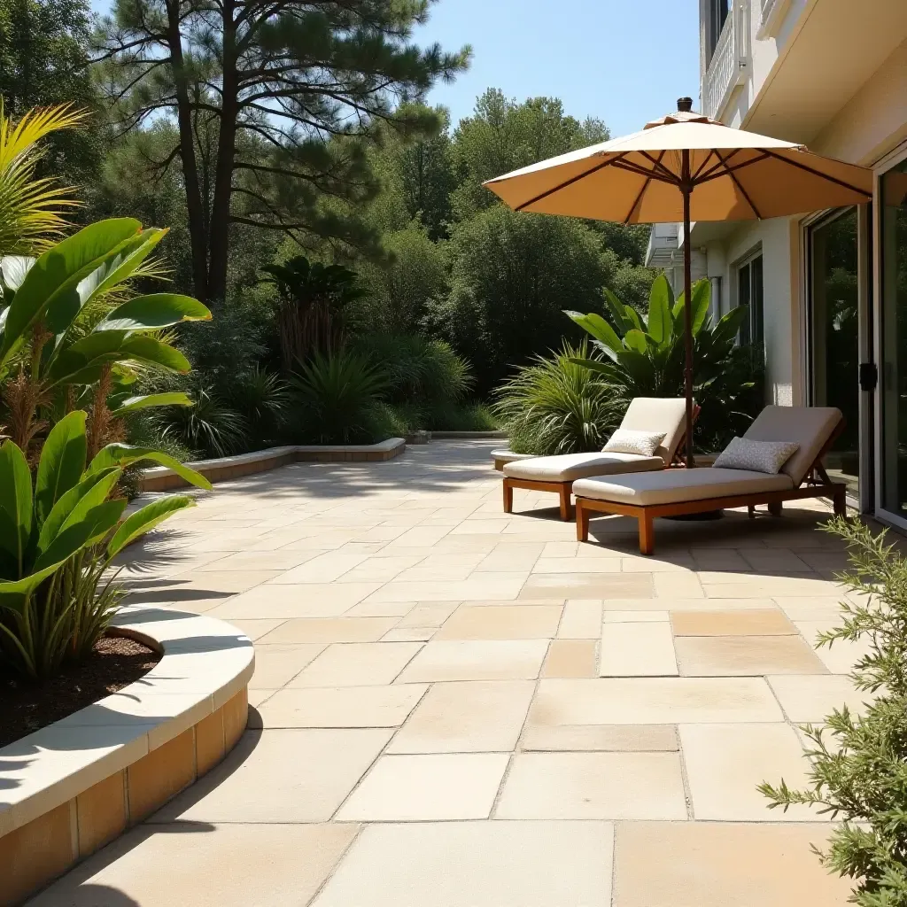 a photo of a beach-inspired concrete patio with sand-colored finishes and tropical plants