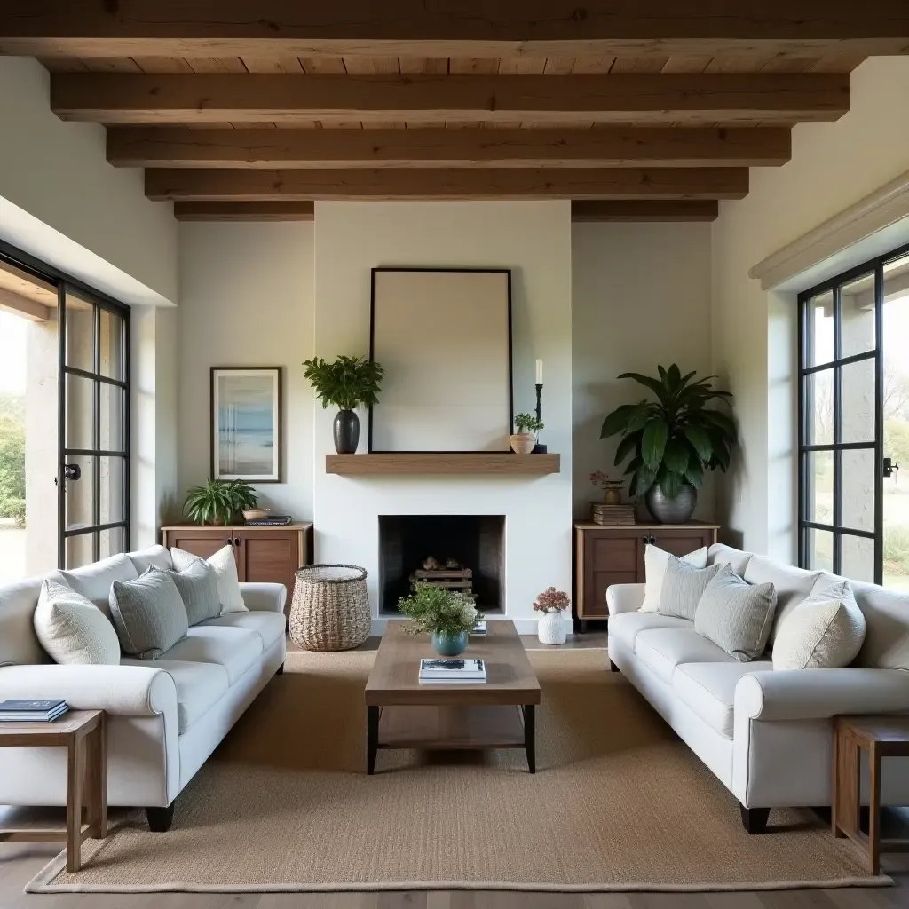 a photo of a rustic living room with a mix of textures and farmhouse charm