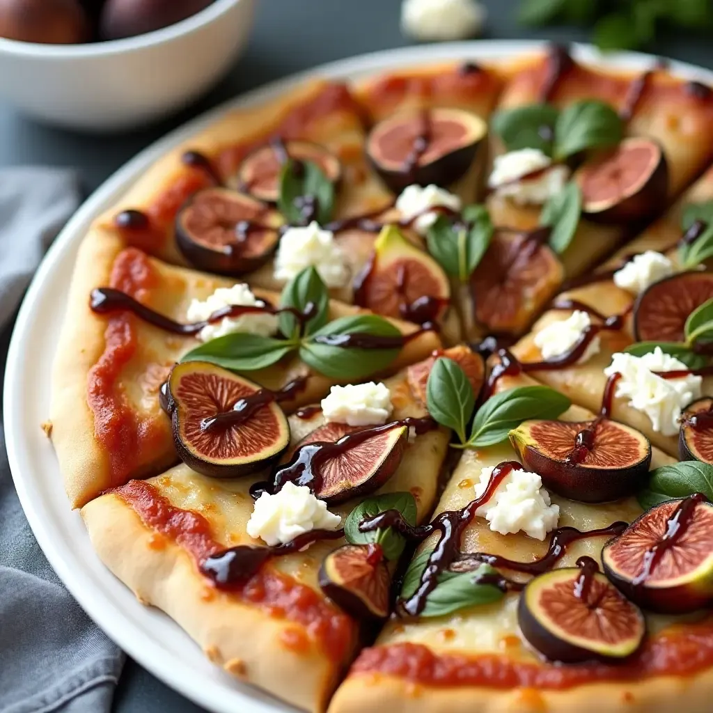 a photo of a pizza featuring roasted figs, gorgonzola, and a balsamic glaze drizzle