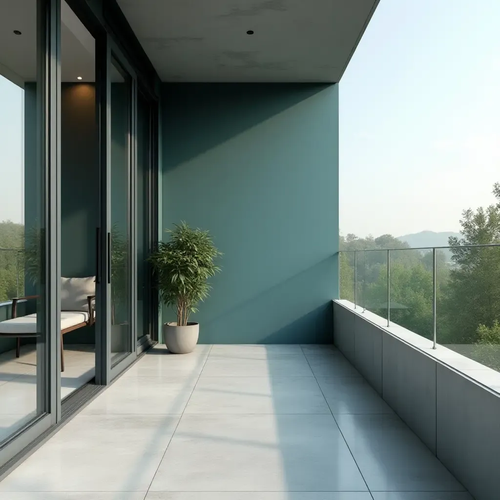 a photo of a balcony with a modern aesthetic in gray and teal