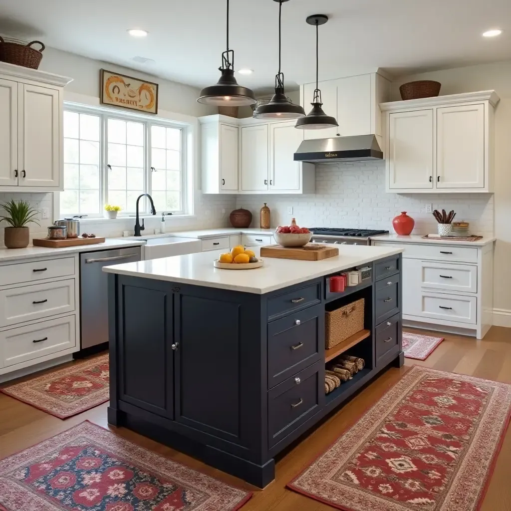 a photo of a kitchen island surrounded by colorful rugs