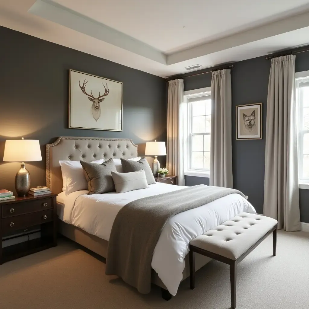 a photo of a chic basement guest room with elegant bedding and decor