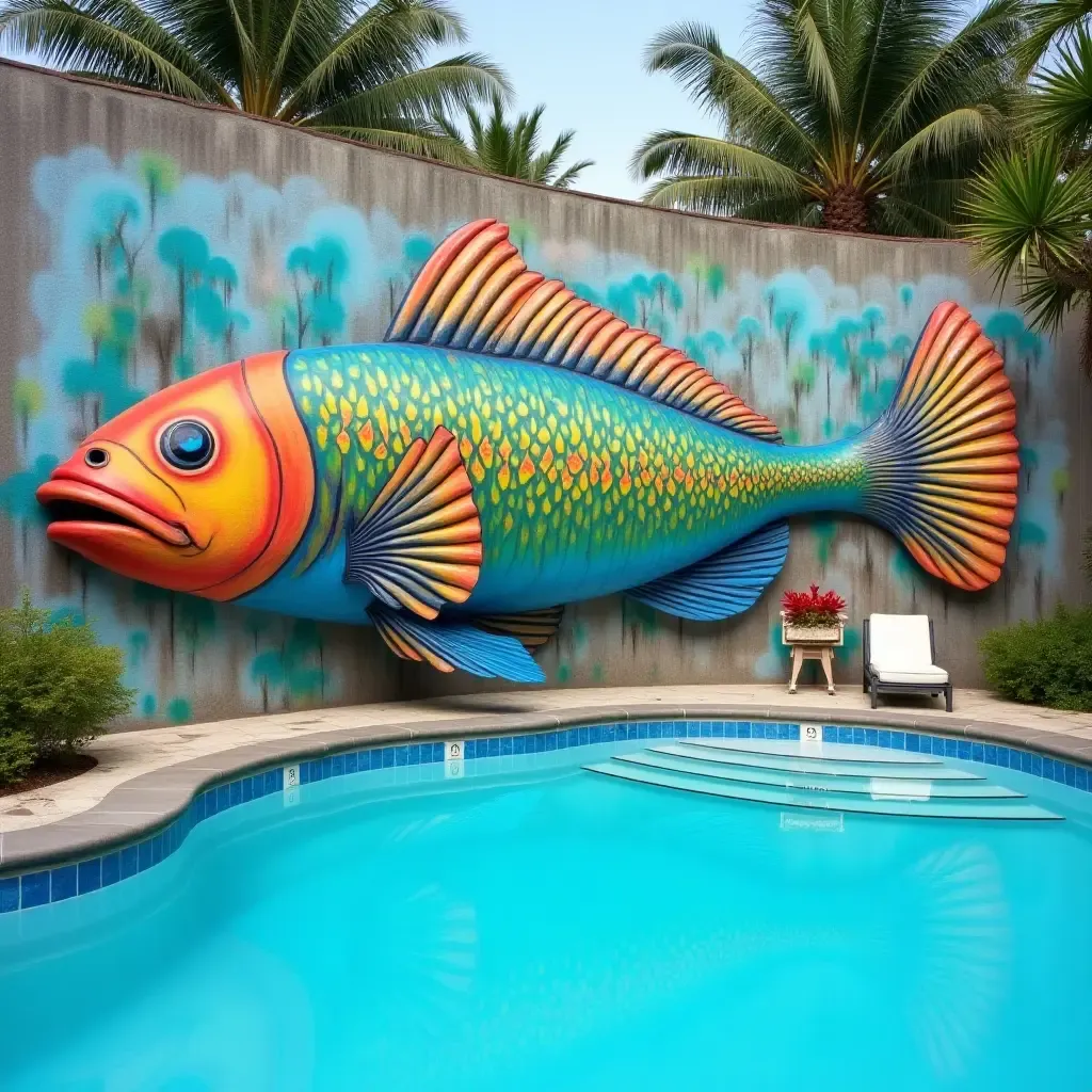 a photo of a large, colorful fish sculpture on a pool wall